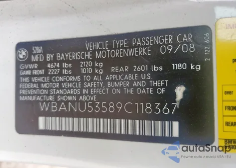 2009 BMW 528 I z USA, uszkodzony, nr VIN WBANU53589C118367